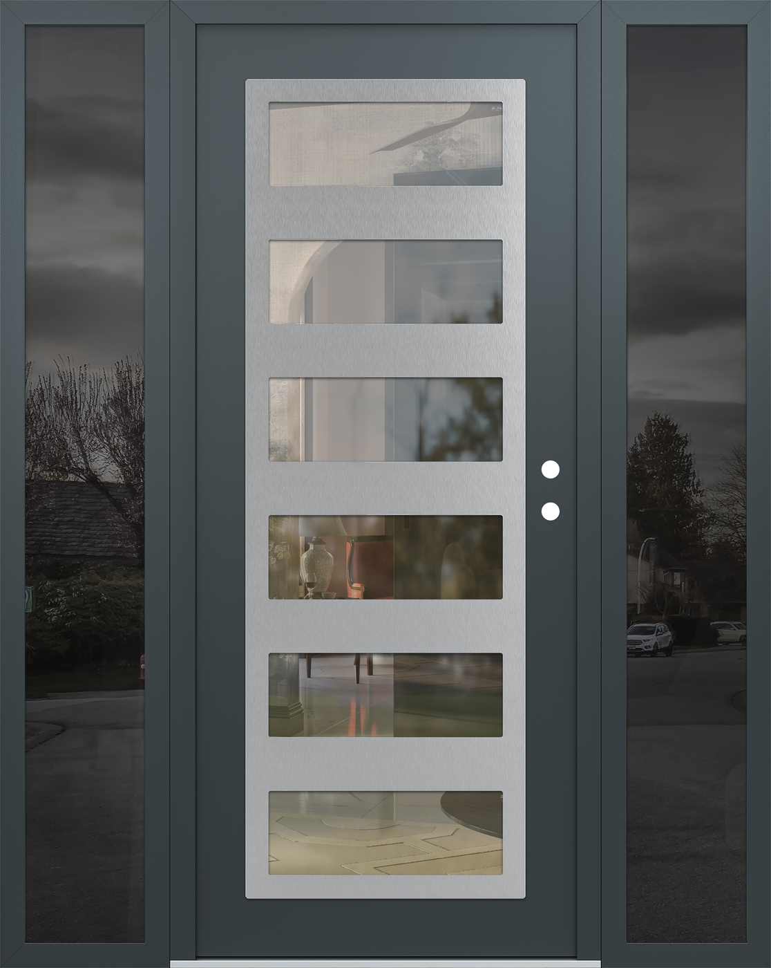 Modern Steel Front Door Diamond C9 68" x 80" anthracite/anthracite clear Glass Panel stainless steel LHI with 2 Sidelites mirrored Glass