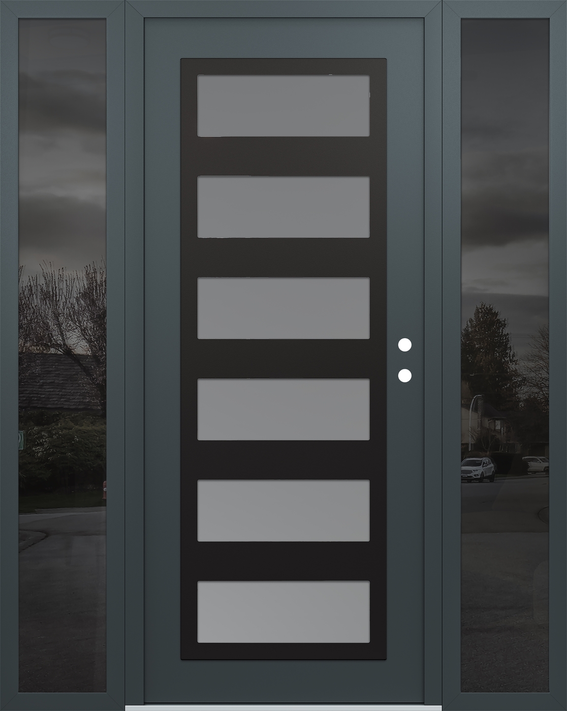 Modern Steel Front Door Diamond C9 68" x 80" anthracite/anthracite frosted Glass Panel black LHI with 2 Sidelites mirrored Glass