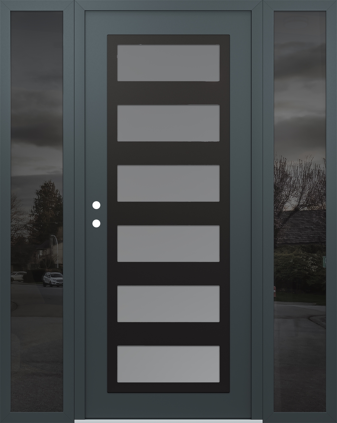 Modern Steel Front Door Diamond C9 68" x 80" anthracite/anthracite frosted Glass Panel black RHI with 2 Sidelites mirrored Glass