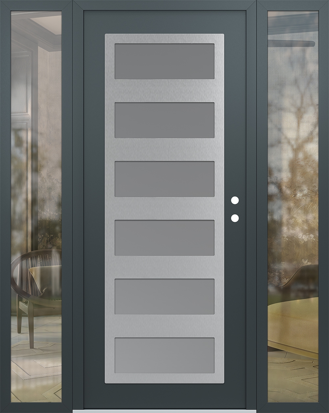 Modern Steel Front Door Diamond C9 68" x 80" anthracite/anthracite frosted Glass Panel stainless steel LHI with 2 Sidelites clear Glass