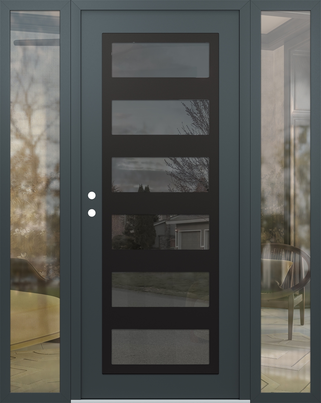 Modern Steel Front Door Diamond C9 68" x 80" anthracite/anthracite mirrored Glass Panel black RHI with 2 Sidelites clear Glass