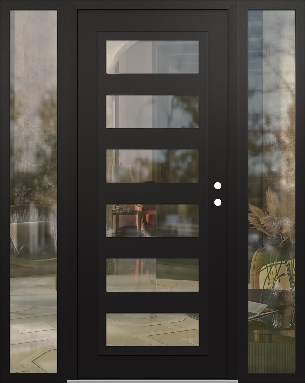 Modern Steel Front Door Diamond C9 68" x 80" black/black clear Glass Panel black LHI with 2 Sidelites clear Glass