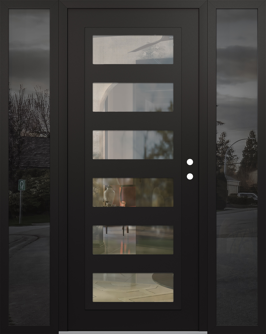 Modern Steel Front Door Diamond C9 68" x 80" black/black clear Glass Panel black LHI with 2 Sidelites mirrored Glass