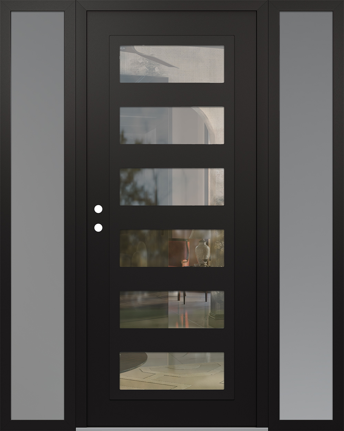 Modern Steel Front Door Diamond C9 68" x 80" black/black clear Glass Panel black RHI with 2 Sidelites frosted Glass