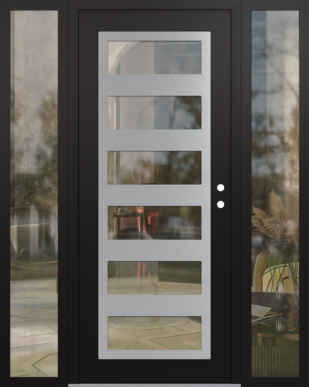 Modern Steel Front Door Diamond C9 68" x 80" black/black clear Glass Panel stainless steel LHI with 2 Sidelites clear Glass