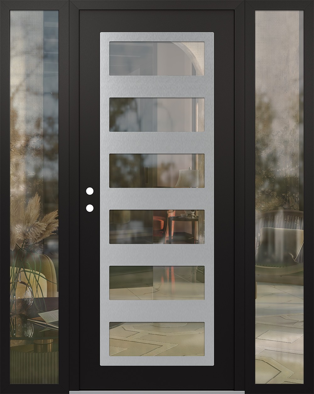 Modern Steel Front Door Diamond C9 68" x 80" black/black clear Glass Panel stainless steel RHI with 2 Sidelites clear Glass