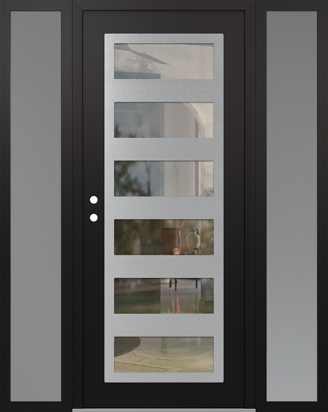 Modern Steel Front Door Diamond C9 68" x 80" black/black clear Glass Panel stainless steel RHI with 2 Sidelites frosted Glass