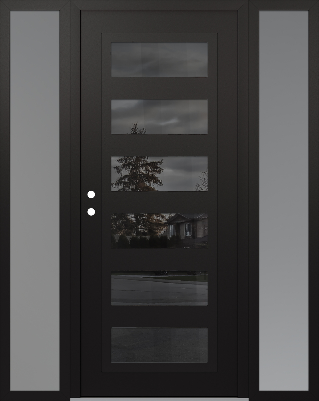 Modern Steel Front Door Diamond C9 68" x 80" black/black mirrored Glass Panel black RHI with 2 Sidelites frosted Glass