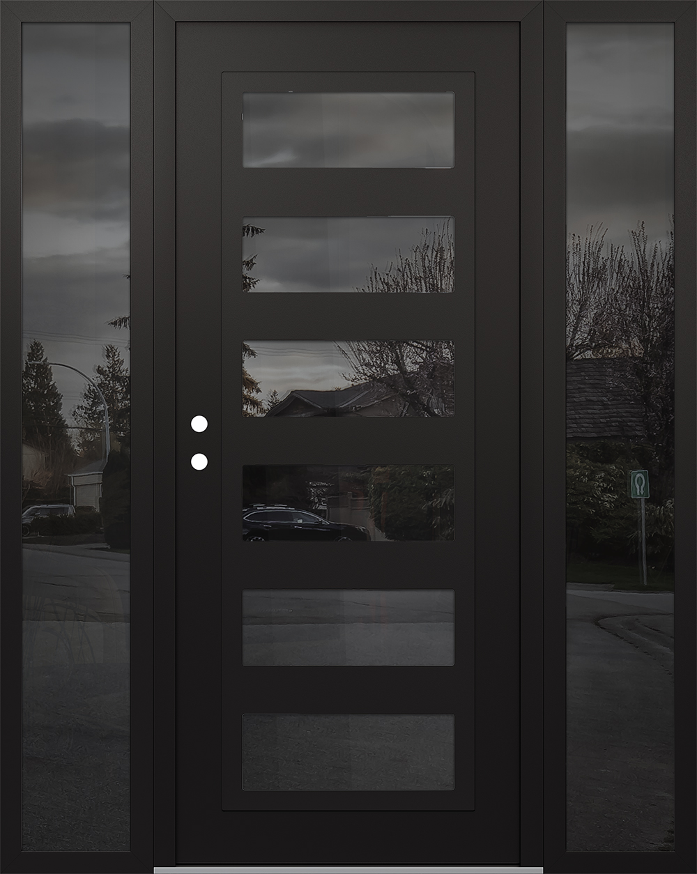 Modern Steel Front Door Diamond C9 68" x 80" black/black mirrored Glass Panel black RHI with 2 Sidelites mirrored Glass