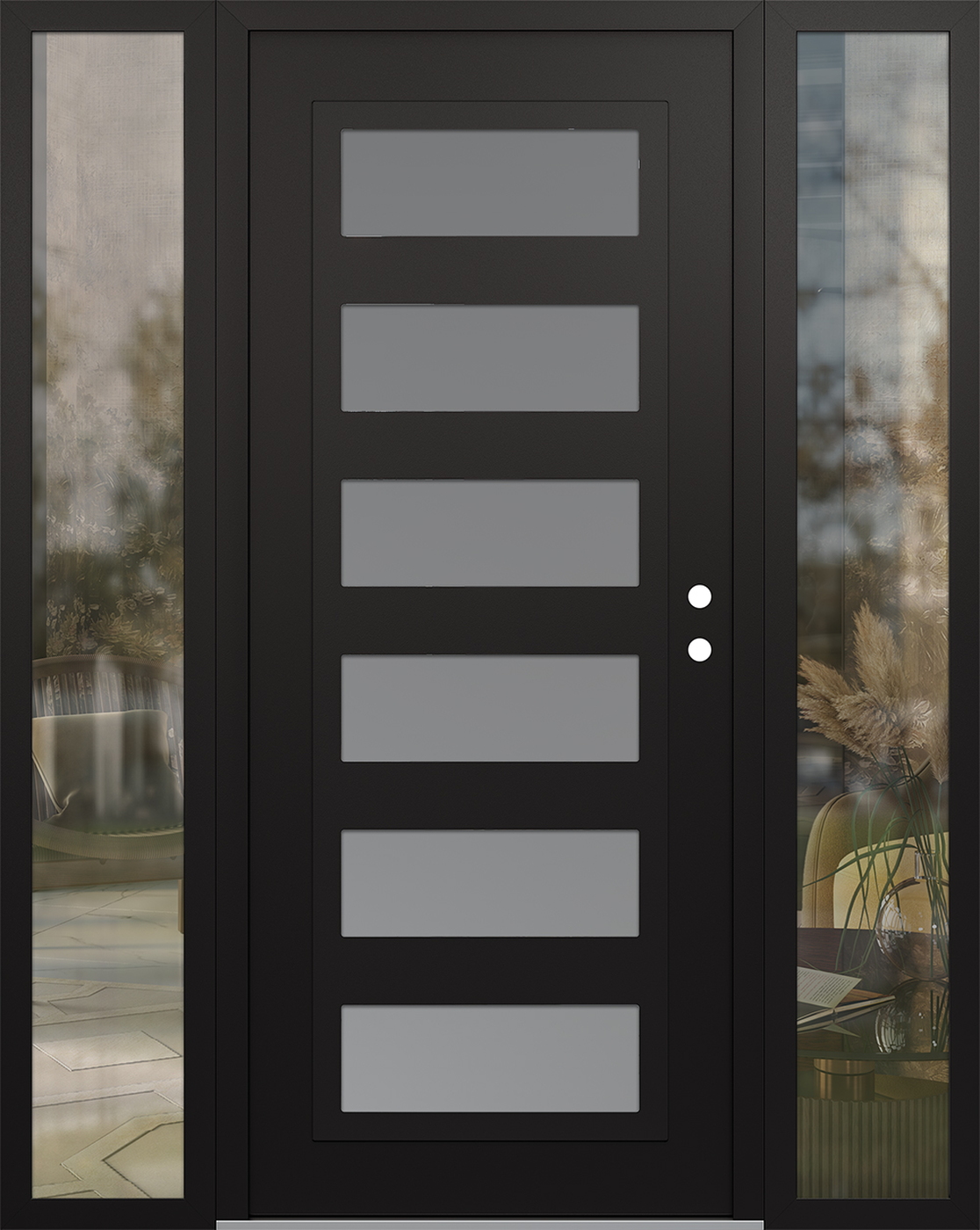 Modern Steel Front Door Diamond C9 68" x 80" black/white frosted Glass Panel black LHI with 2 Sidelites clear Glass