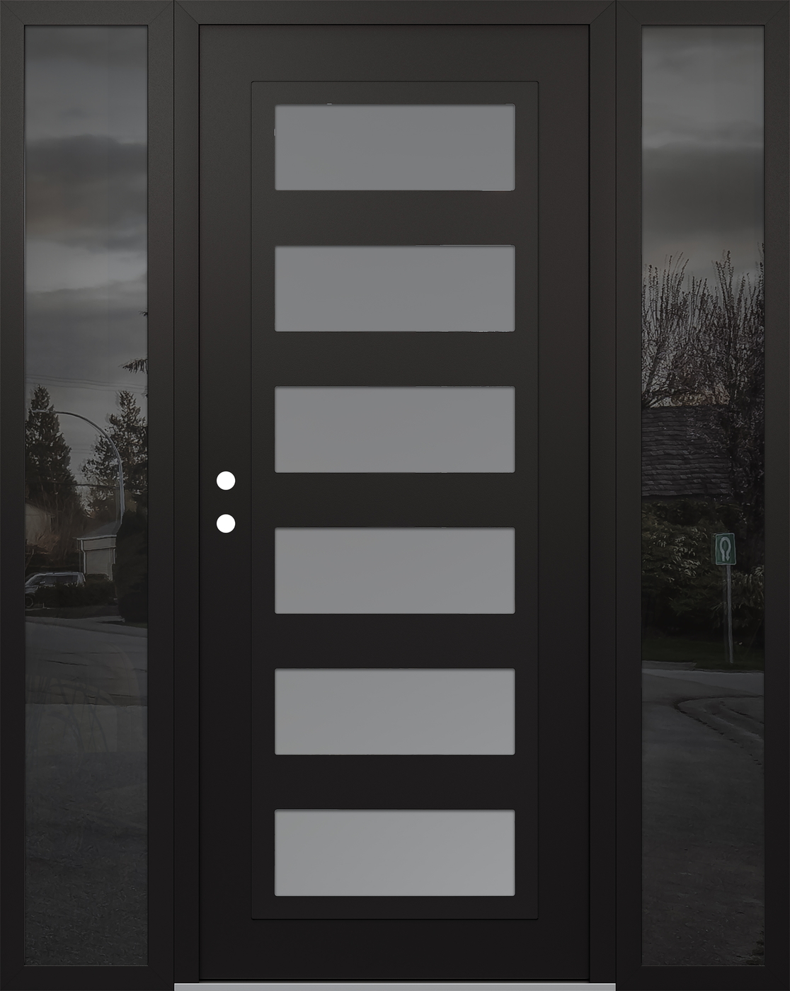 Modern Steel Front Door Diamond C9 68" x 80" black/white frosted Glass Panel black RHI with 2 Sidelites mirrored Glass