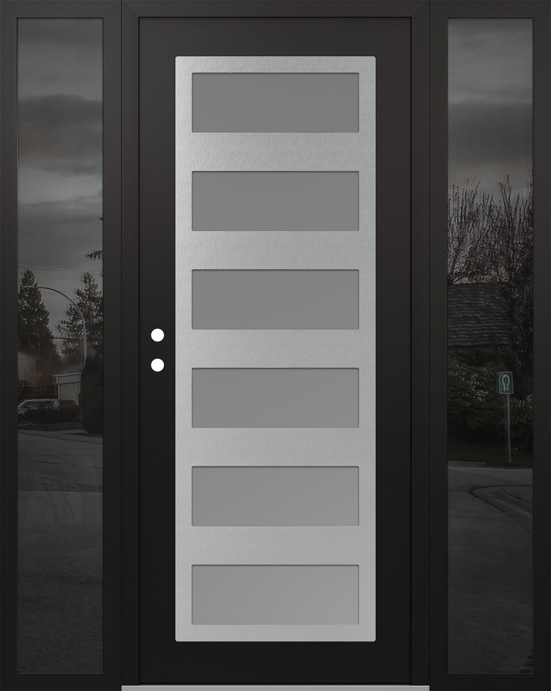 Modern Steel Front Door Diamond C9 68" x 80" black/white frosted Glass Panel stainless steel RHI with 2 Sidelites mirrored Glass