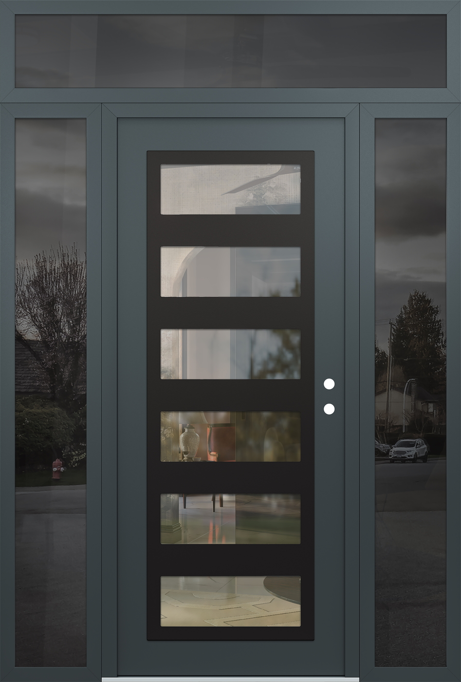 Modern Steel Front Door Diamond C9 68" x 96" anthracite/anthracite clear Glass Panel black LHI with 2 Sidelites and Transom mirrored Glass