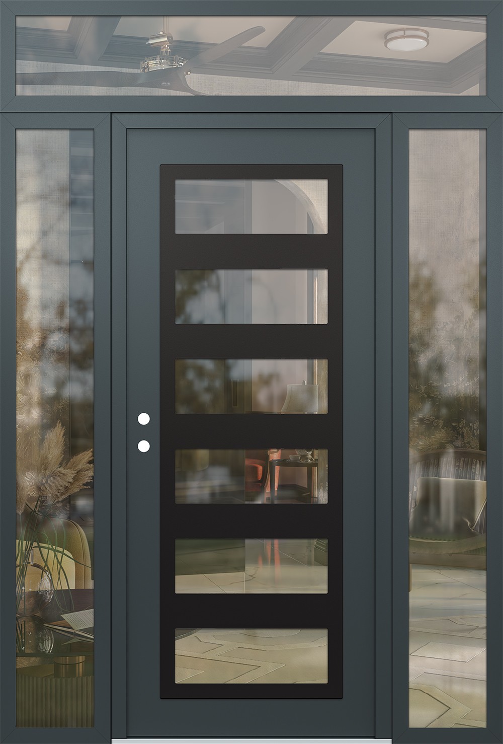 Modern Steel Front Door Diamond C9 68" x 96" anthracite/anthracite clear Glass Panel black RHI with 2 Sidelites and Transom clear Glass