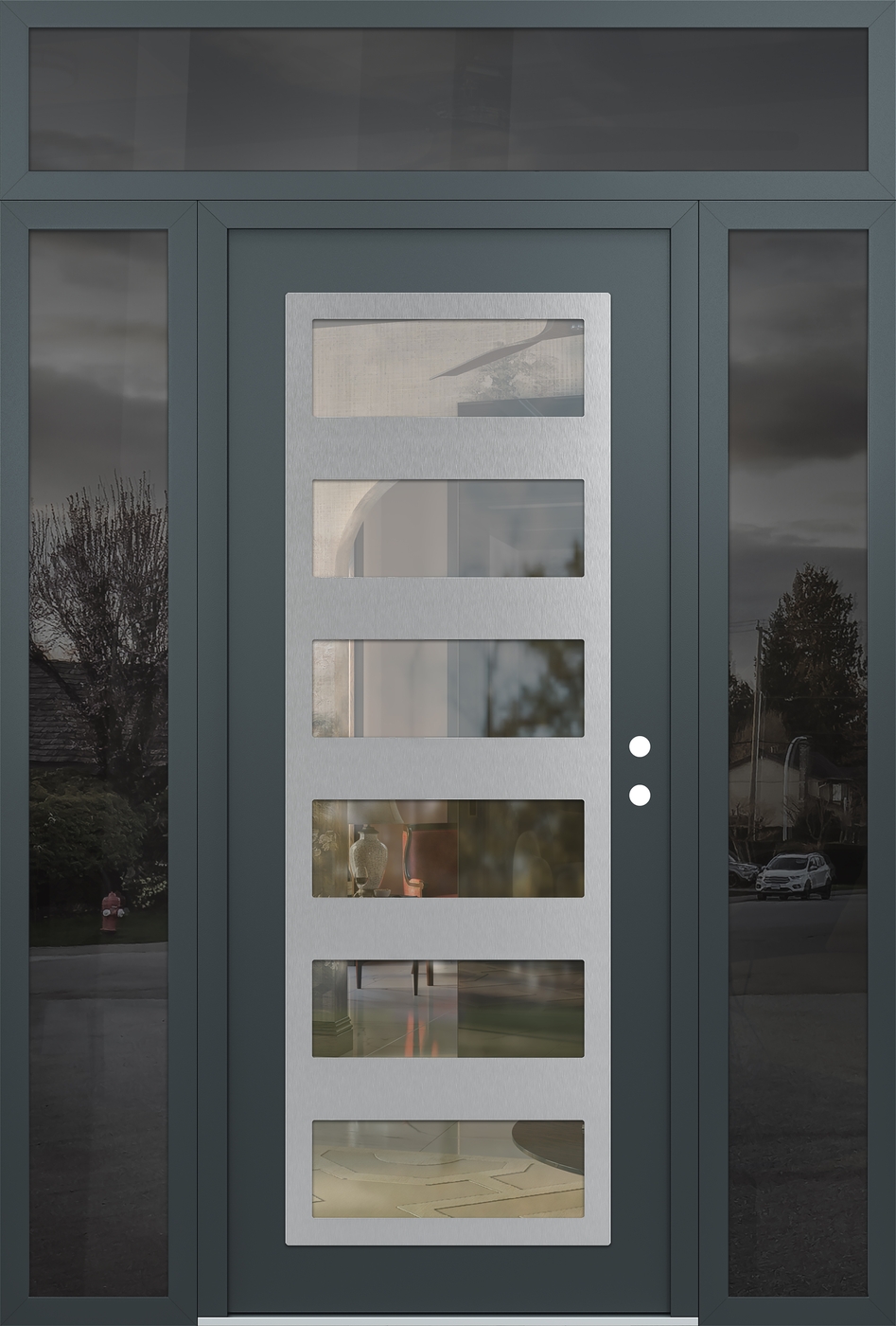 Modern Steel Front Door Diamond C9 68" x 96" anthracite/anthracite clear Glass Panel stainless steel LHI with 2 Sidelites and Transom mirrored Glass