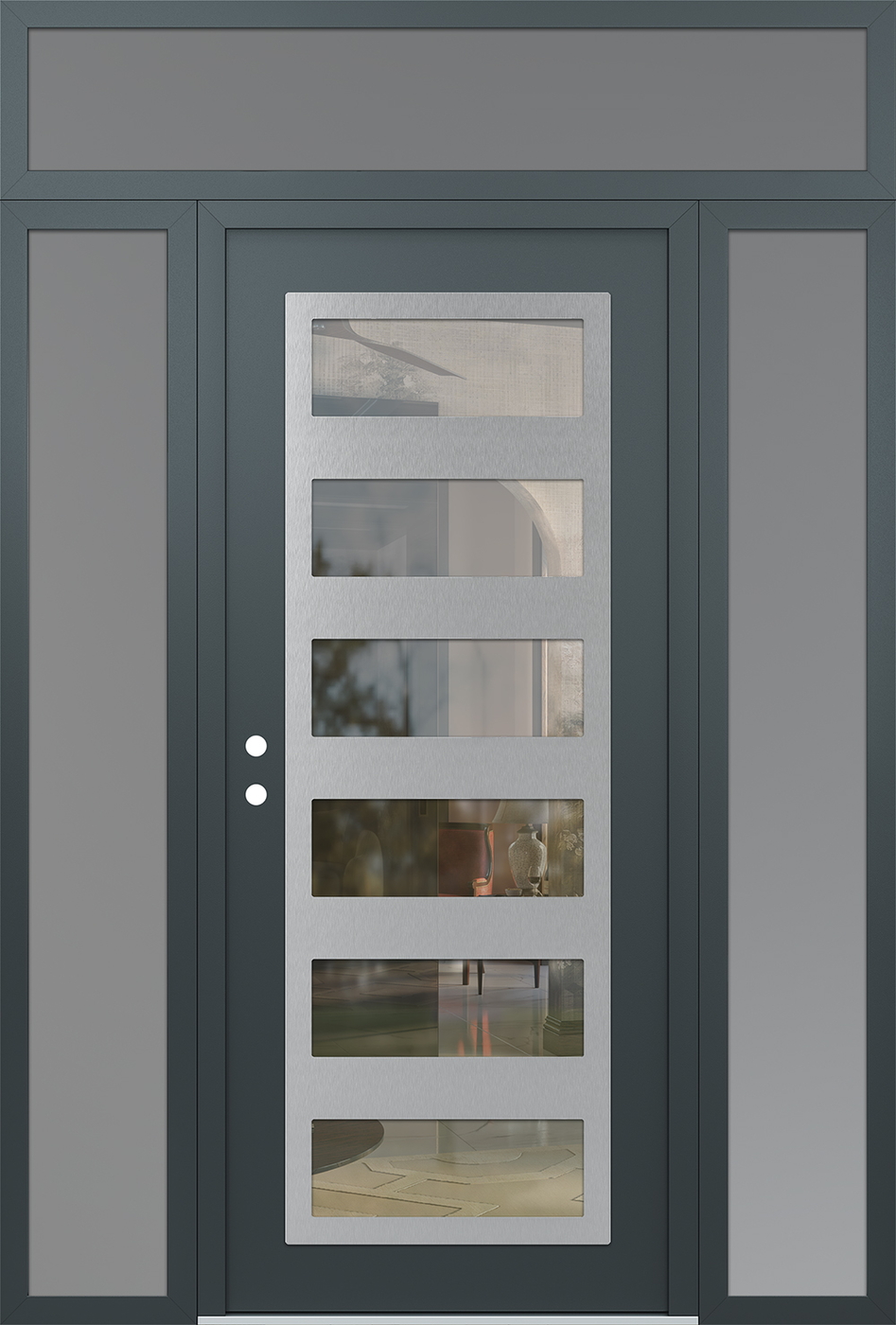 Modern Steel Front Door Diamond C9 68" x 96" anthracite/anthracite clear Glass Panel stainless steel RHI with 2 Sidelites and Transom frosted Glass