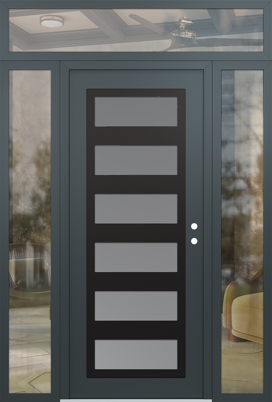 Modern Steel Front Door Diamond C9 68" x 96" anthracite/anthracite frosted Glass Panel black LHI with 2 Sidelites and Transom clear Glass