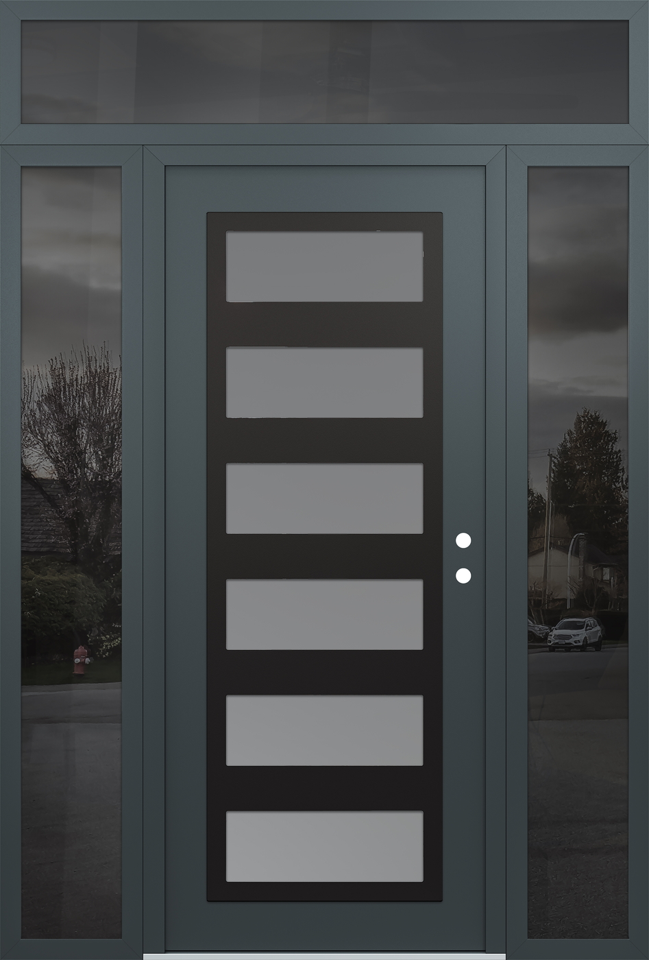 Modern Steel Front Door Diamond C9 68" x 96" anthracite/anthracite frosted Glass Panel black LHI with 2 Sidelites and Transom mirrored Glass