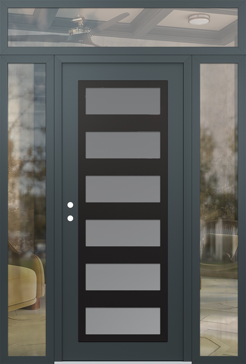 Modern Steel Front Door Diamond C9 68" x 96" anthracite/anthracite frosted Glass Panel black RHI with 2 Sidelites and Transom clear Glass