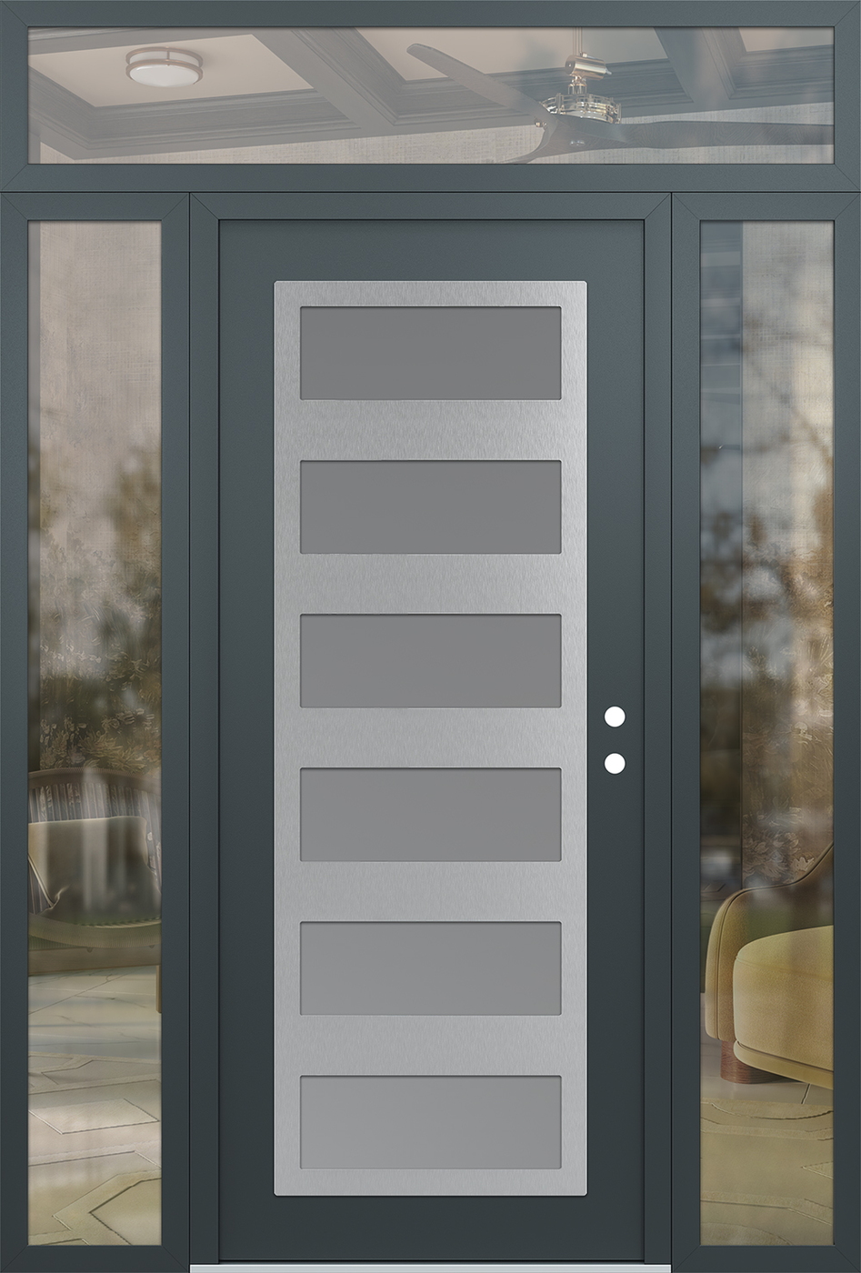 Modern Steel Front Door Diamond C9 68" x 96" anthracite/anthracite frosted Glass Panel stainless steel LHI with 2 Sidelites and Transom clear Glass