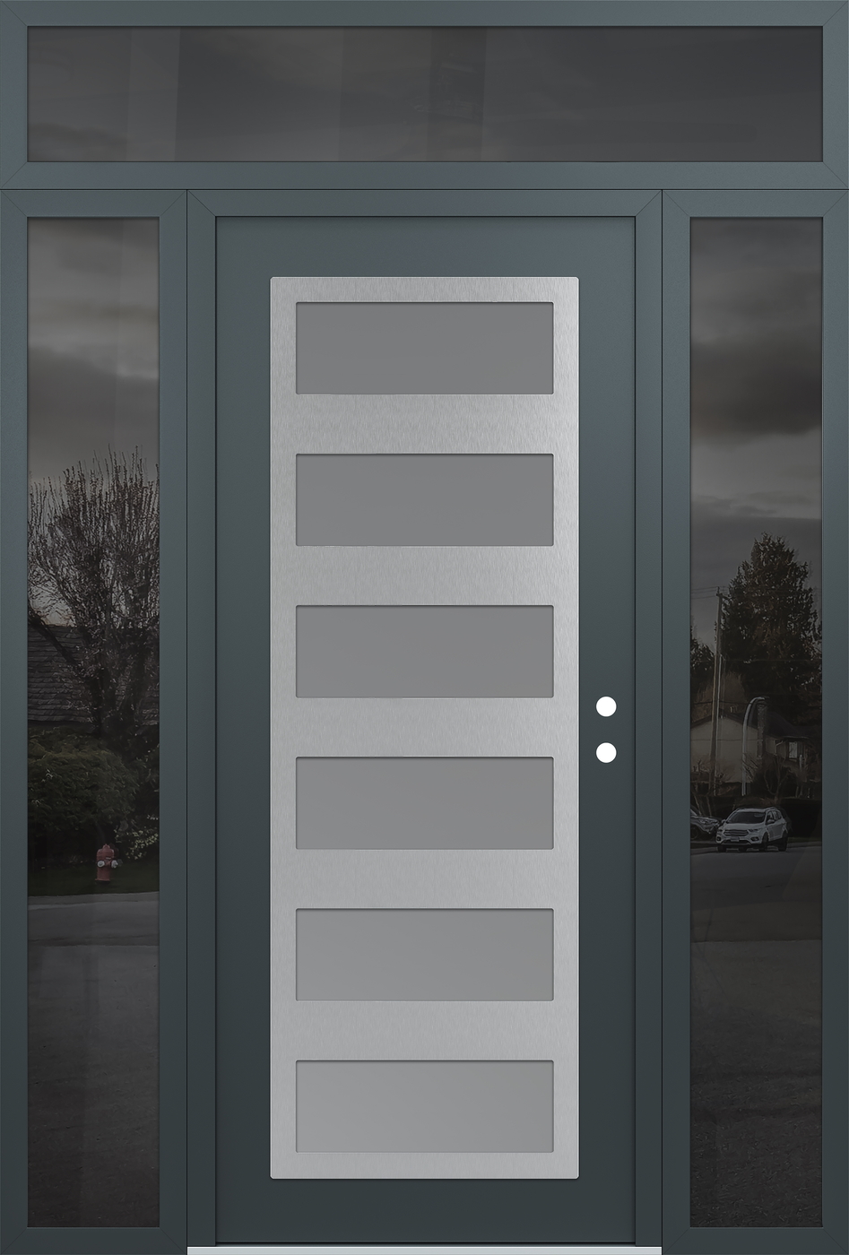 Modern Steel Front Door Diamond C9 68" x 96" anthracite/anthracite frosted Glass Panel stainless steel LHI with 2 Sidelites and Transom mirrored Glass