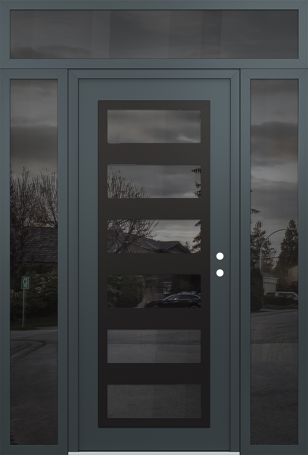 Modern Steel Front Door Diamond C9 68" x 96" anthracite/anthracite mirrored Glass Panel black LHI with 2 Sidelites and Transom mirrored Glass