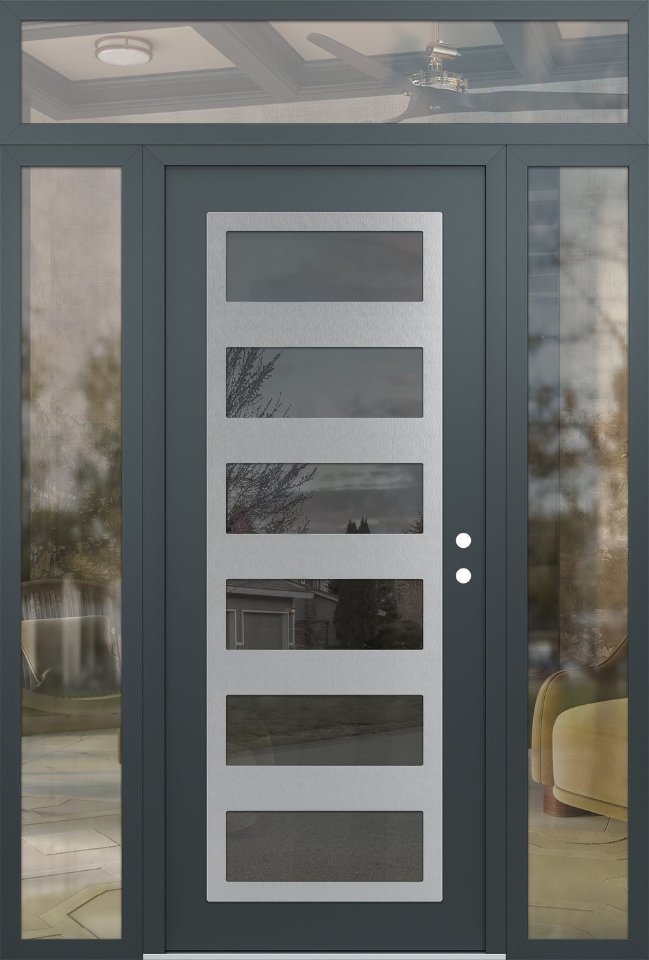 Modern Steel Front Door Diamond C9 68" x 96" anthracite/anthracite mirrored Glass Panel stainless steel LHI with 2 Sidelites and Transom clear Glass