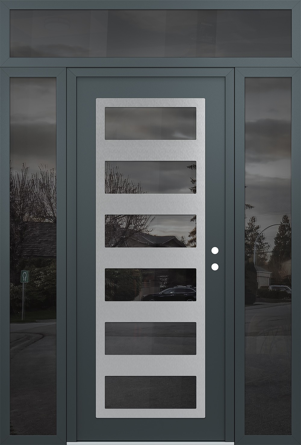 Modern Steel Front Door Diamond C9 68" x 96" anthracite/anthracite mirrored Glass Panel stainless steel LHI with 2 Sidelites and Transom mirrored Glass