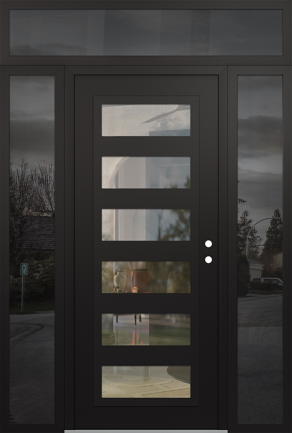 Modern Steel Front Door Diamond C9 68" x 96" black/black clear Glass Panel black LHI with 2 Sidelites and Transom mirrored Glass