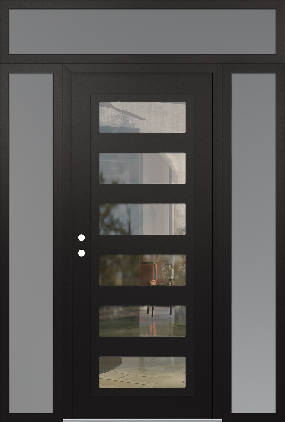 Modern Steel Front Door Diamond C9 68" x 96" black/black clear Glass Panel black RHI with 2 Sidelites and Transom frosted Glass