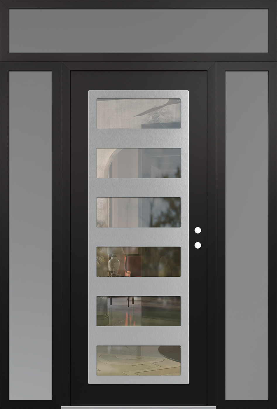 Modern Steel Front Door Diamond C9 68" x 96" black/black clear Glass Panel stainless steel LHI with 2 Sidelites and Transom frosted Glass