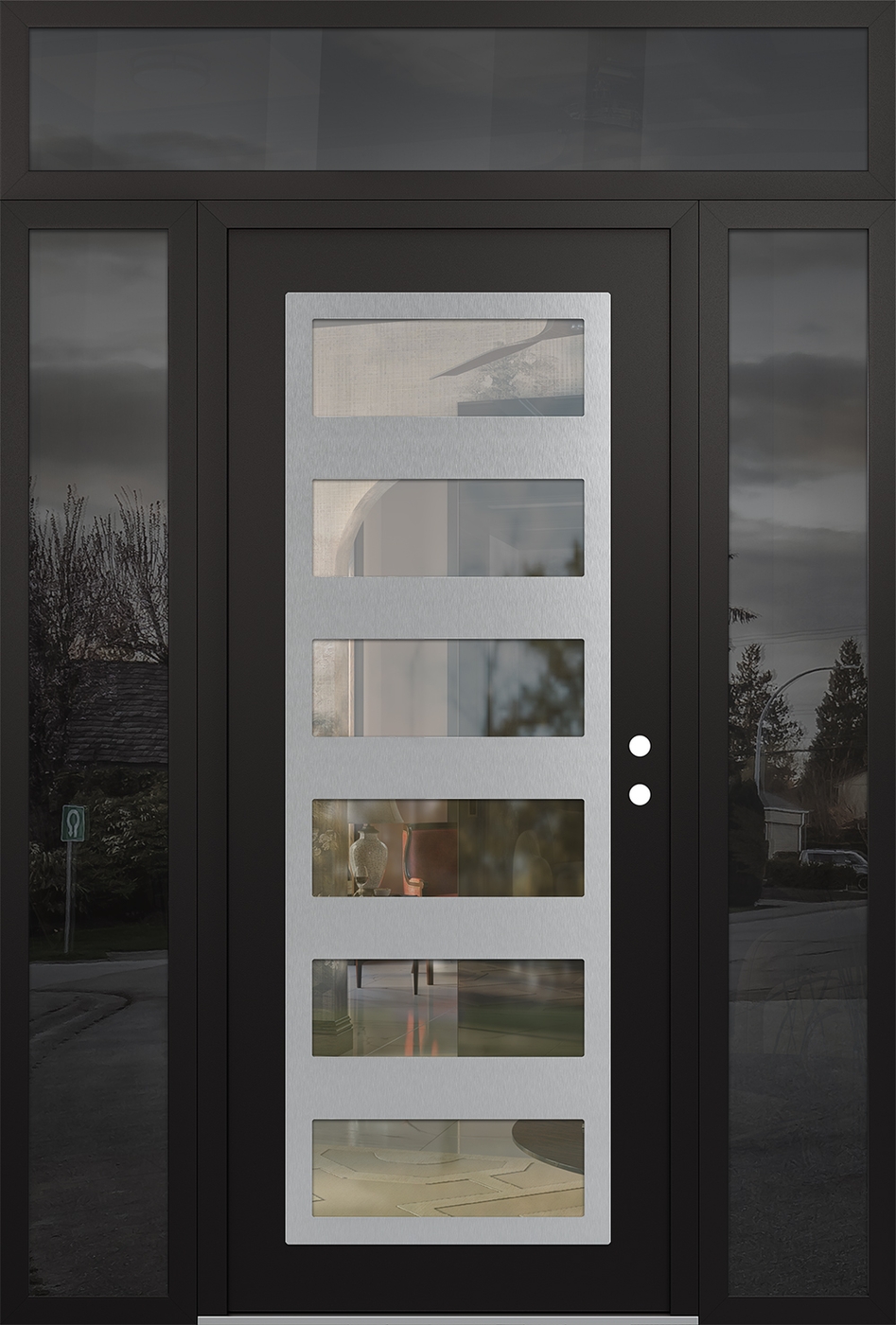 Modern Steel Front Door Diamond C9 68" x 96" black/black clear Glass Panel stainless steel LHI with 2 Sidelites and Transom mirrored Glass