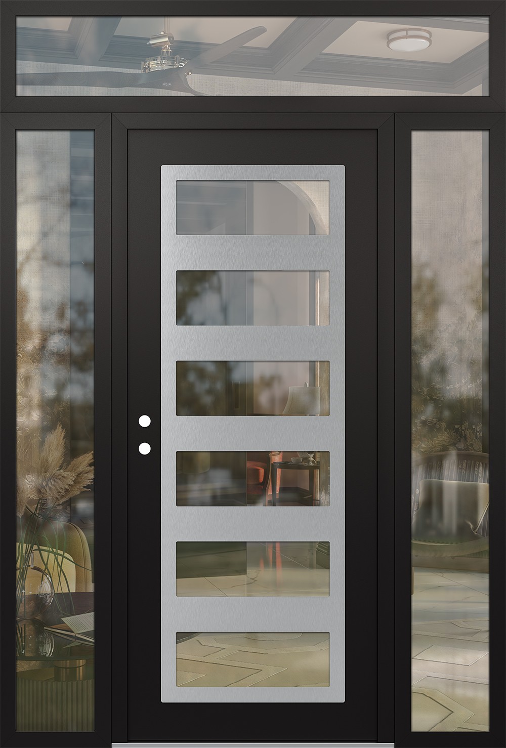 Modern Steel Front Door Diamond C9 68" x 96" black/black clear Glass Panel stainless steel RHI with 2 Sidelites and Transom clear Glass