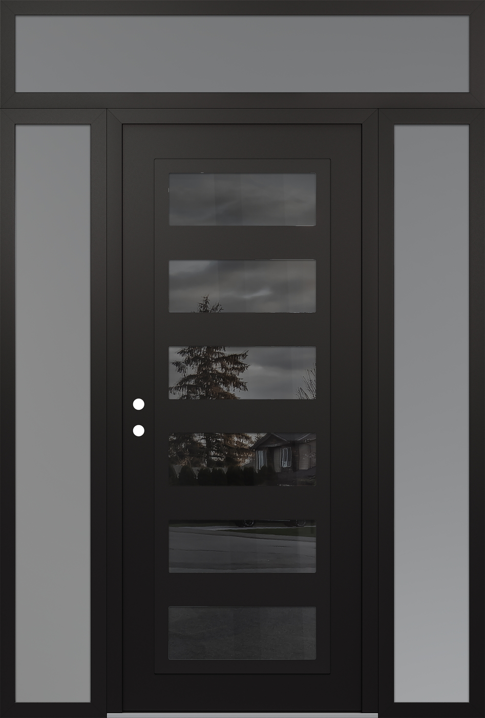 Modern Steel Front Door Diamond C9 68" x 96" black/black mirrored Glass Panel black RHI with 2 Sidelites and Transom frosted Glass