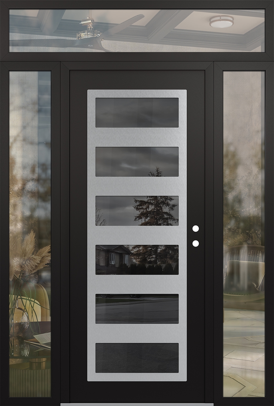 Modern Steel Front Door Diamond C9 68" x 96" black/black mirrored Glass Panel stainless steel LHI with 2 Sidelites and Transom clear Glass