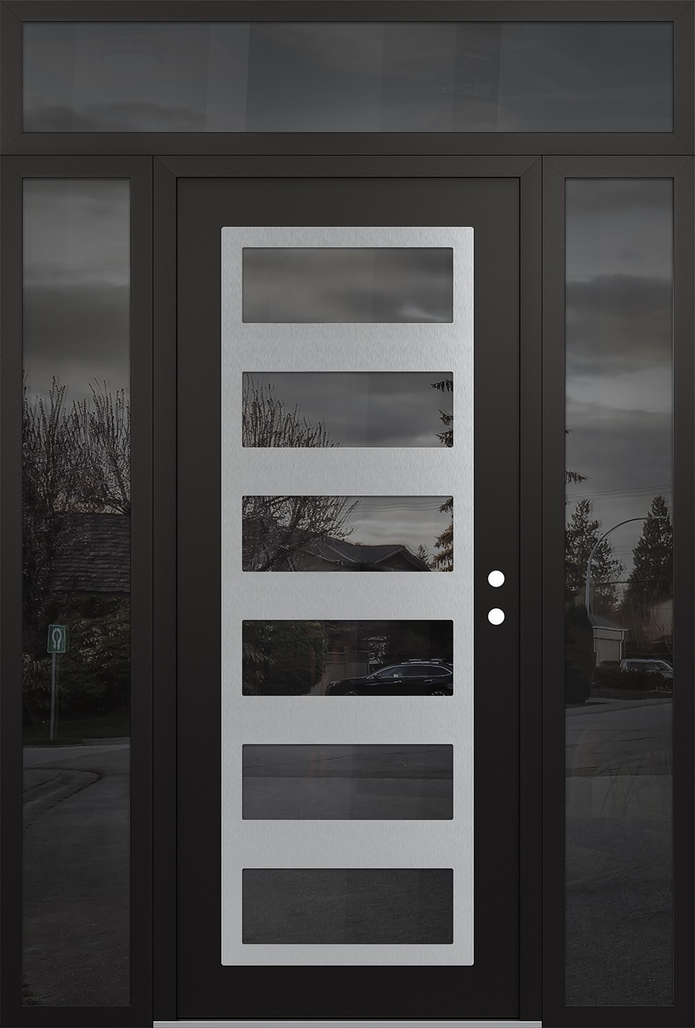 Modern Steel Front Door Diamond C9 68" x 96" black/black mirrored Glass Panel stainless steel LHI with 2 Sidelites and Transom mirrored Glass