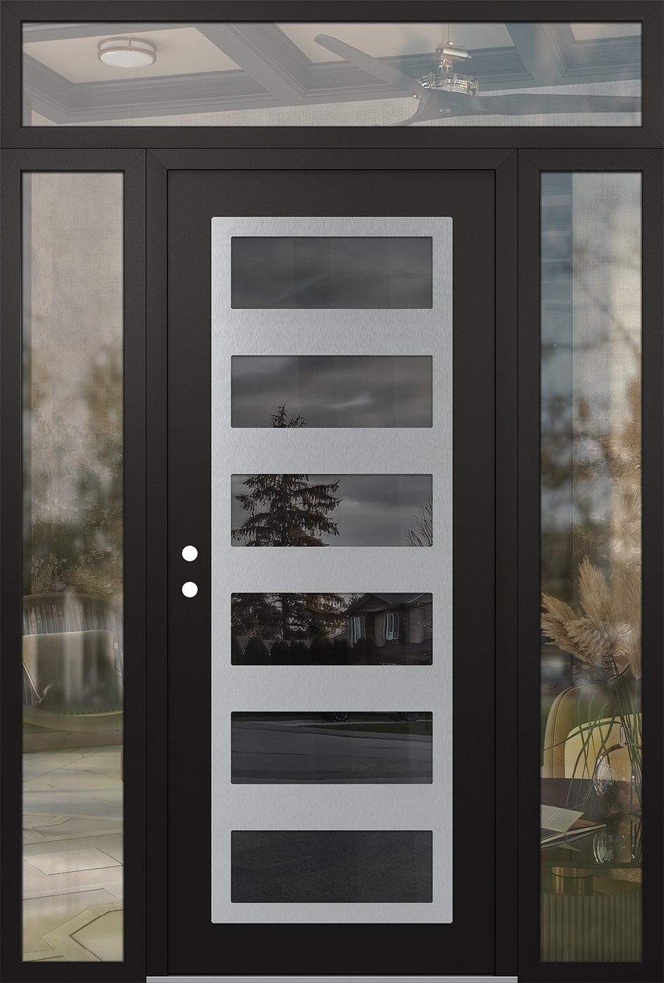 Modern Steel Front Door Diamond C9 68" x 96" black/black mirrored Glass Panel stainless steel RHI with 2 Sidelites and Transom clear Glass