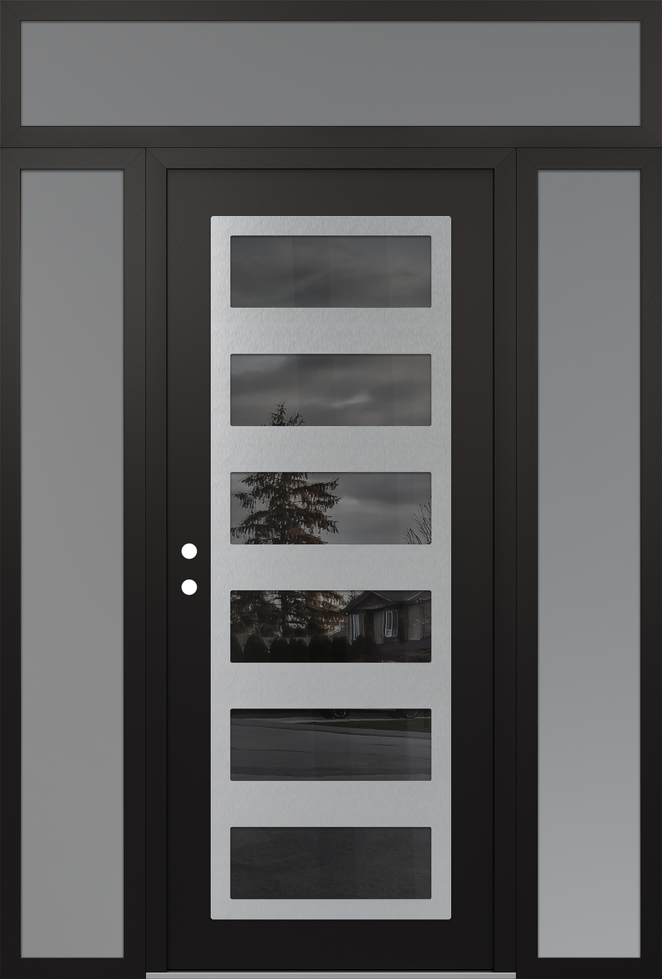 Modern Steel Front Door Diamond C9 68" x 96" black/black mirrored Glass Panel stainless steel RHI with 2 Sidelites and Transom frosted Glass