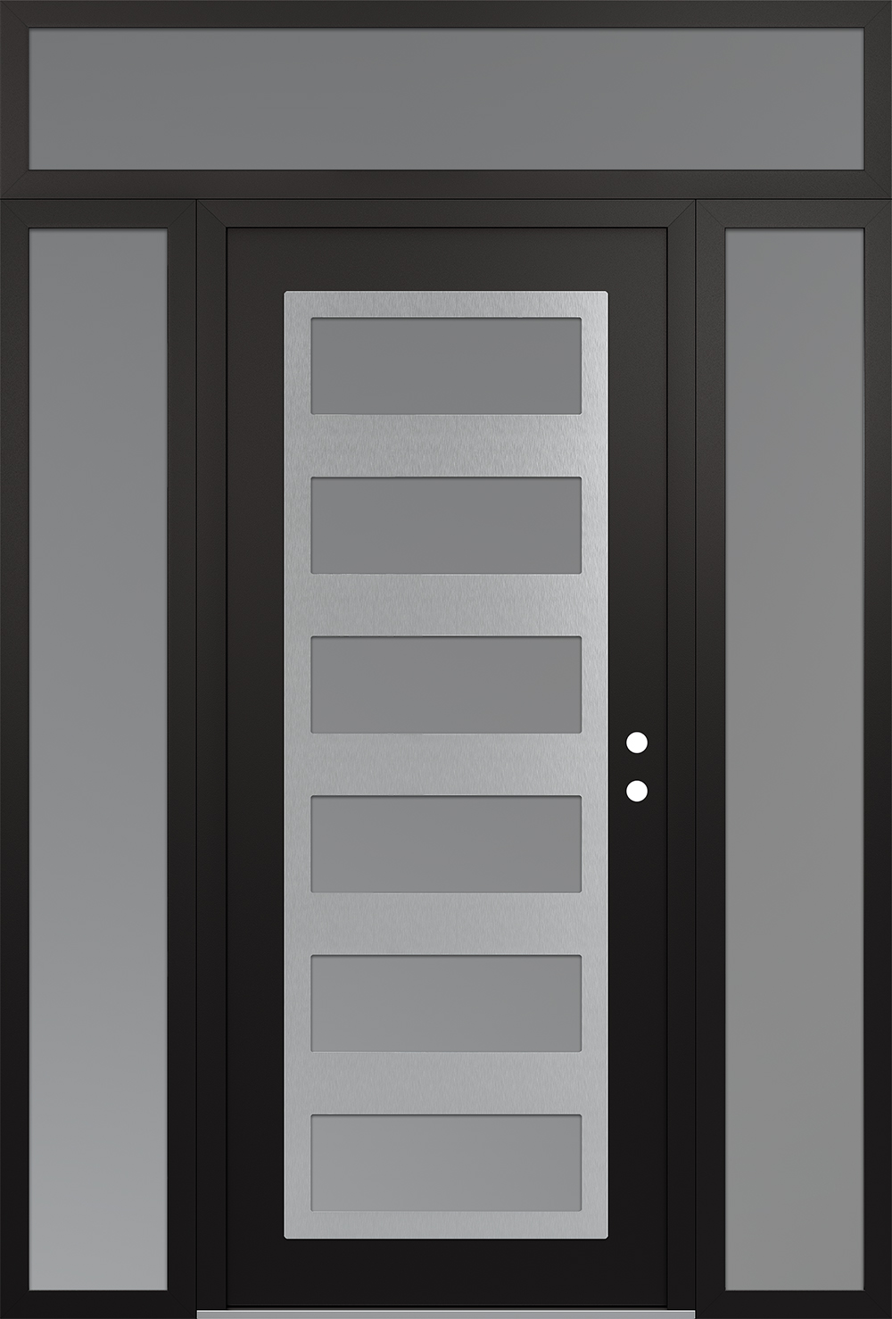 Modern Steel Front Door Diamond C9 68" x 96" black/white frosted Glass Panel stainless steel LHI with 2 Sidelites and Transom frosted Glass