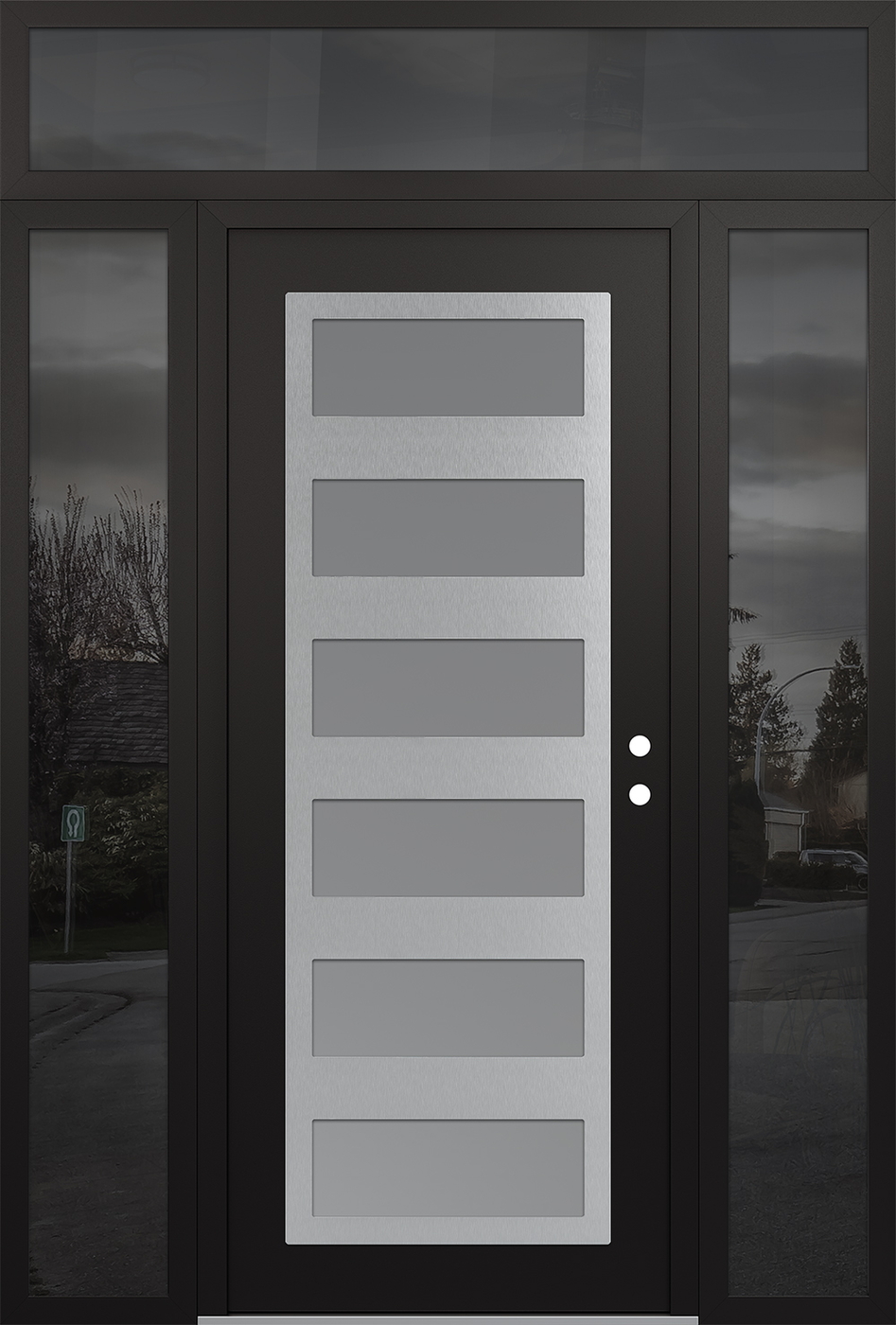Modern Steel Front Door Diamond C9 68" x 96" black/white frosted Glass Panel stainless steel LHI with 2 Sidelites and Transom mirrored Glass