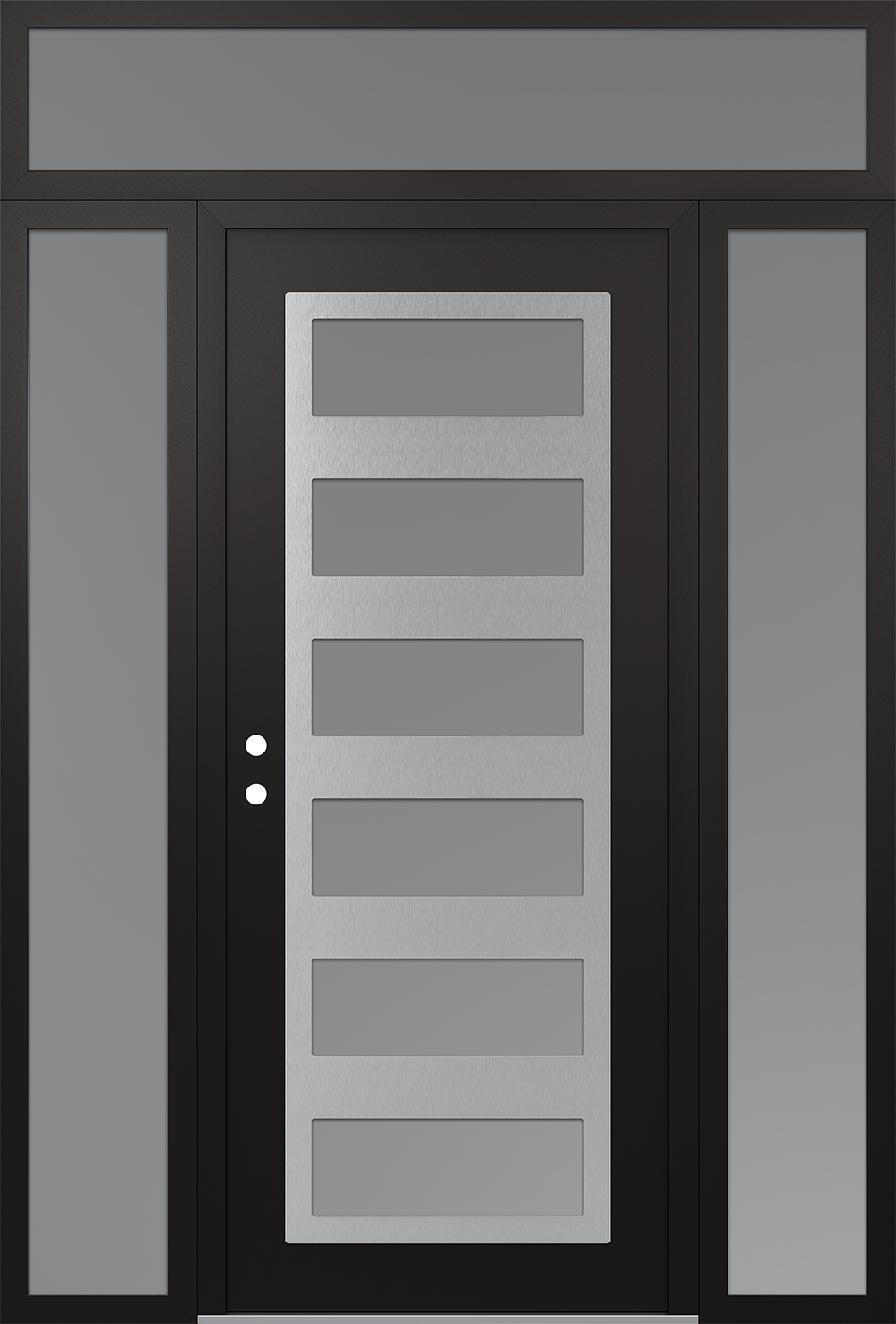 Modern Steel Front Door Diamond C9 68" x 96" black/white frosted Glass Panel stainless steel RHI with 2 Sidelites and Transom frosted Glass